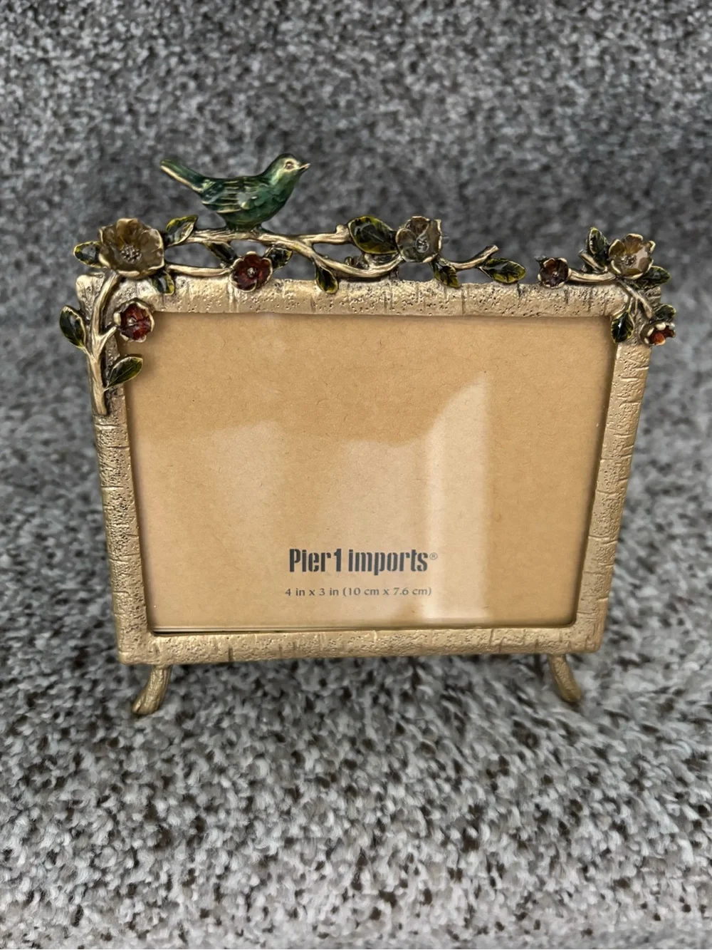 Pier One Imports Gold Tone Enameled Floral Bird Easel Back Photo Frame 4x3